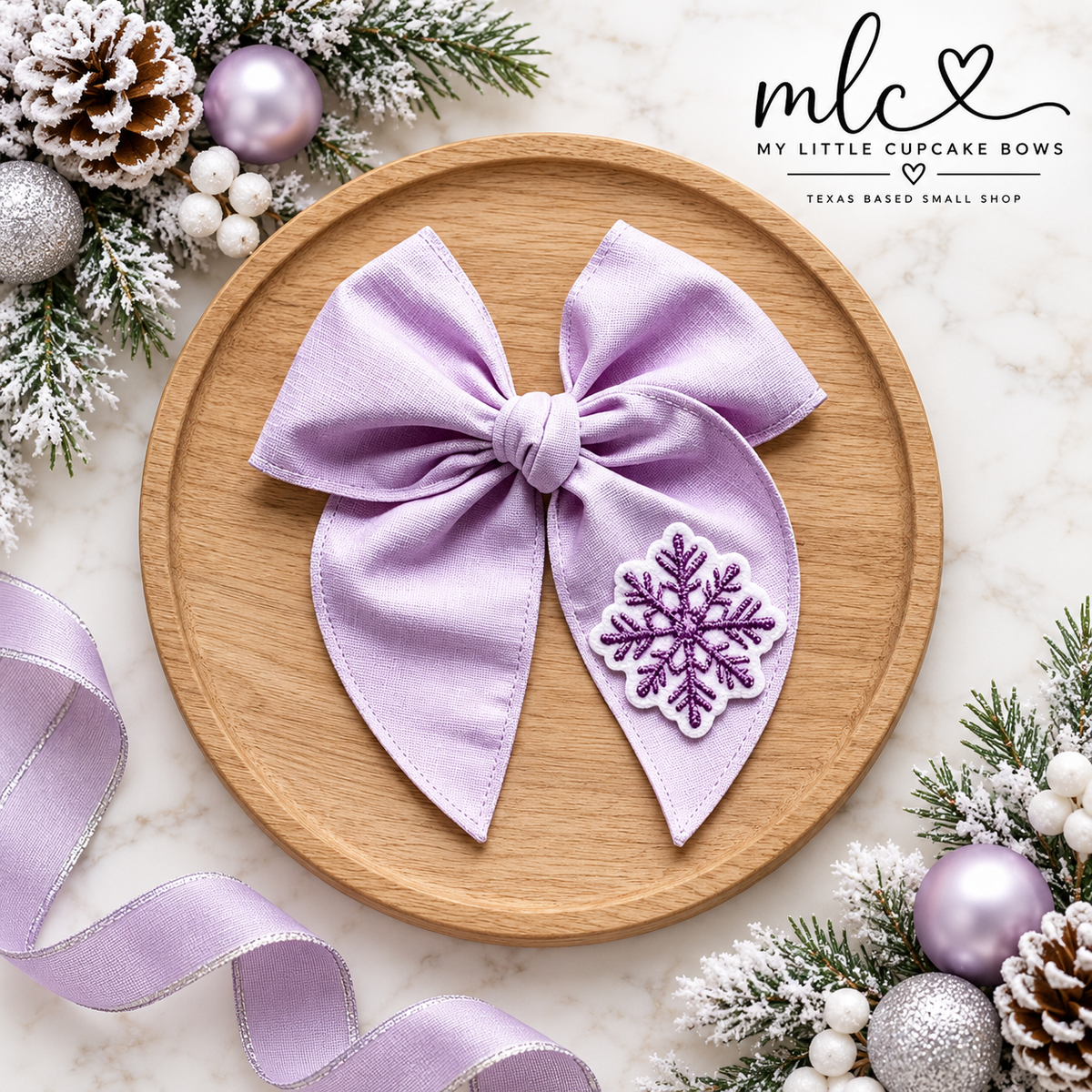 Lilac Linen Embroidered Snowflake Serged Bow