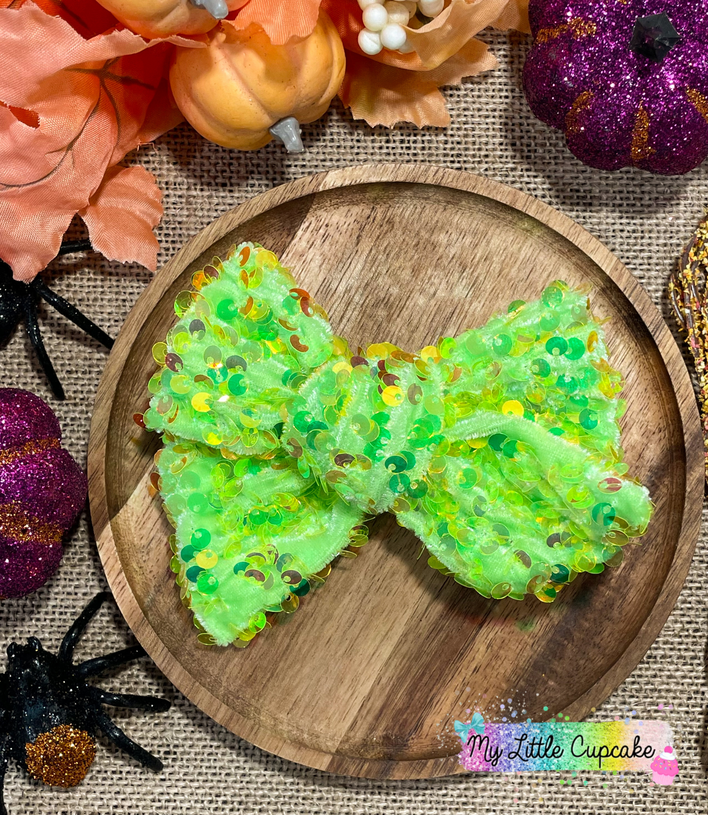 Neon Green Sequin 5in Hand Tied