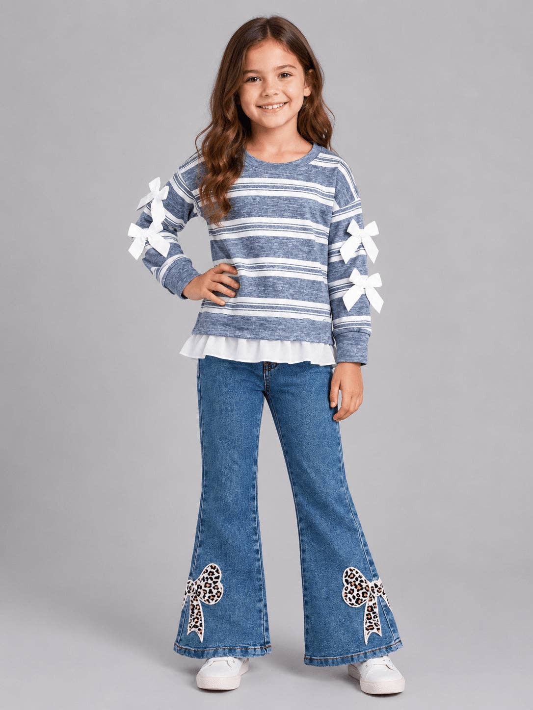 Blue Grey Striped Ruffled Trim Bow Top