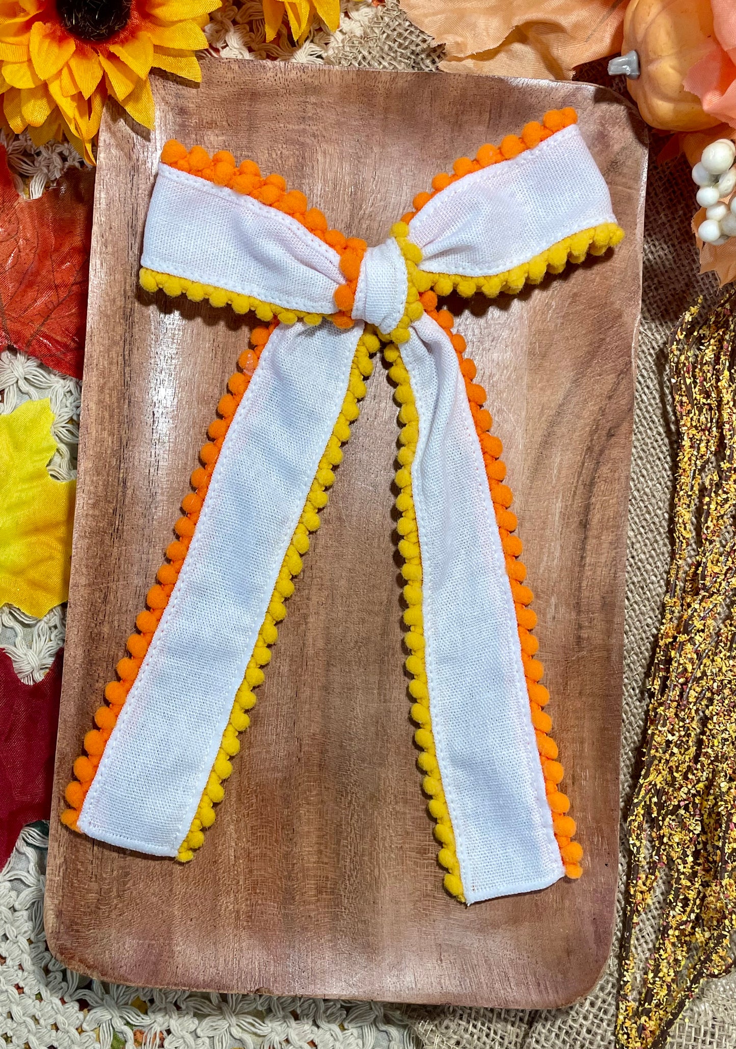 White with Yellow & Orange Pom Edge Linen Long Tail