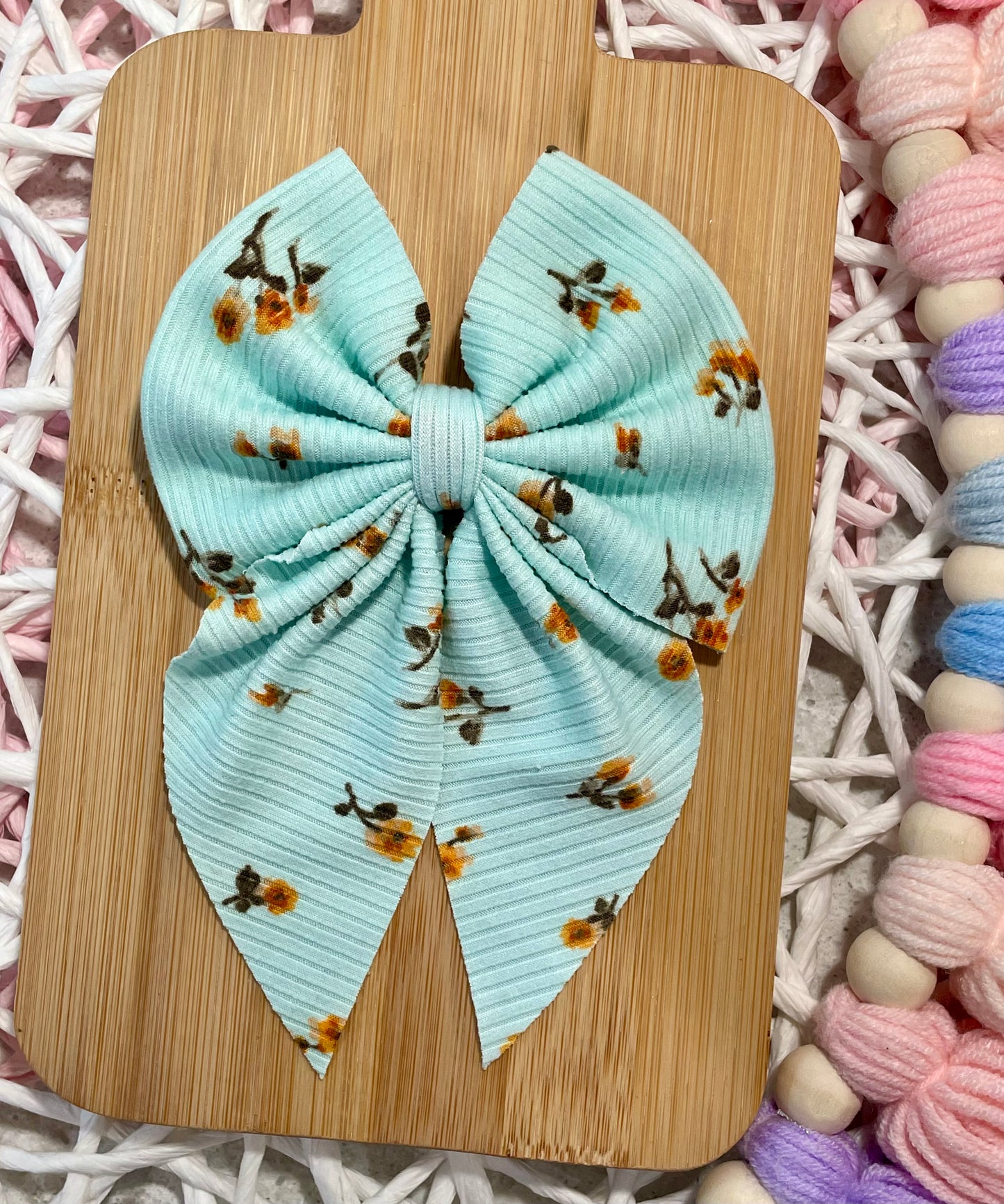 Aqua & Yellow Dainty Floral Fabric Bow
