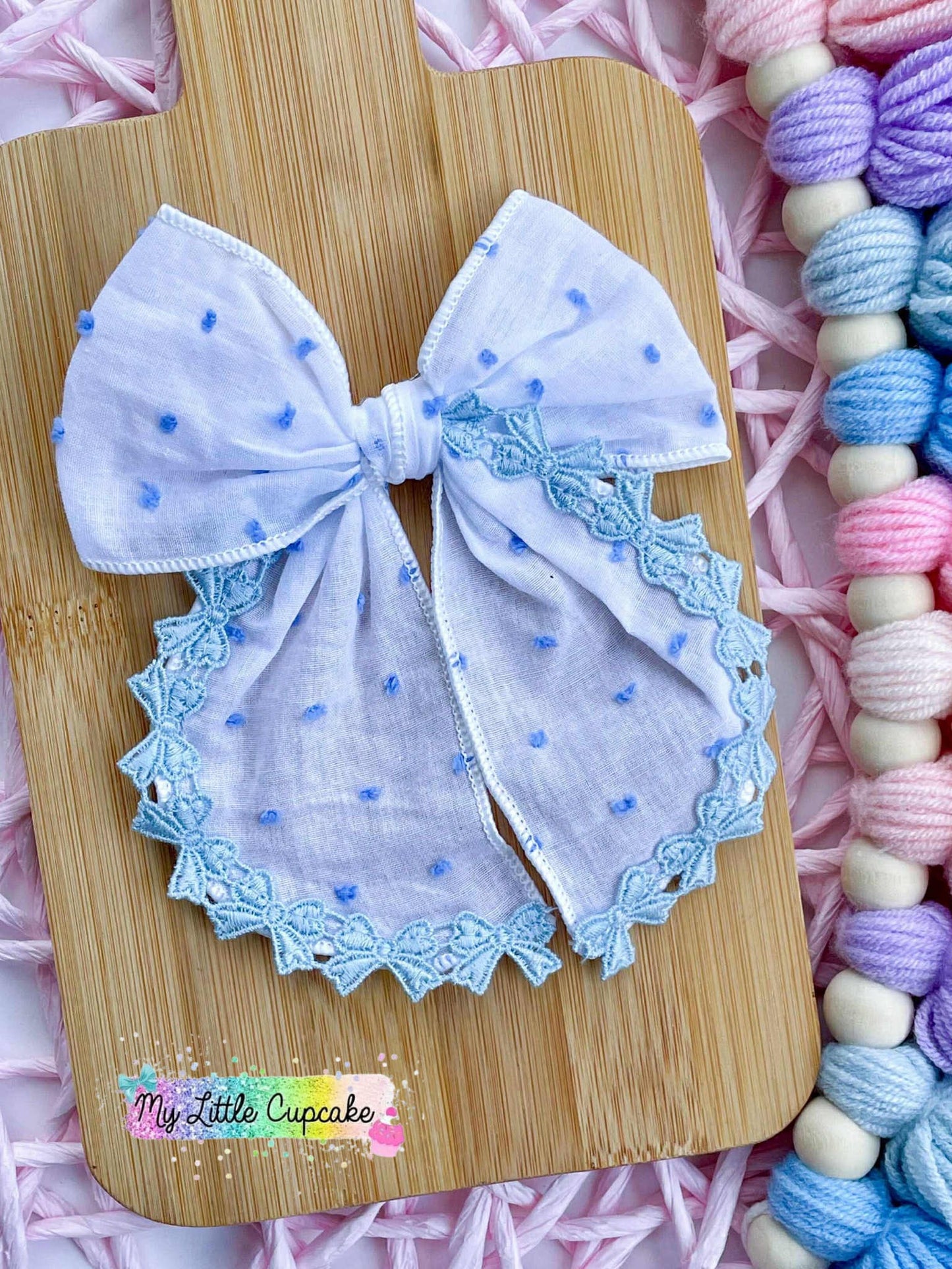 Light Blue Dots & Bows Embroidered Serged