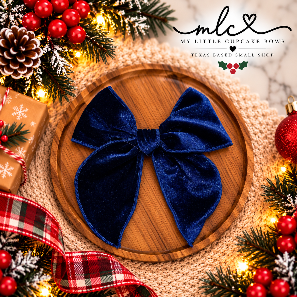 Dark Blue Solid Velvet Serged Bow