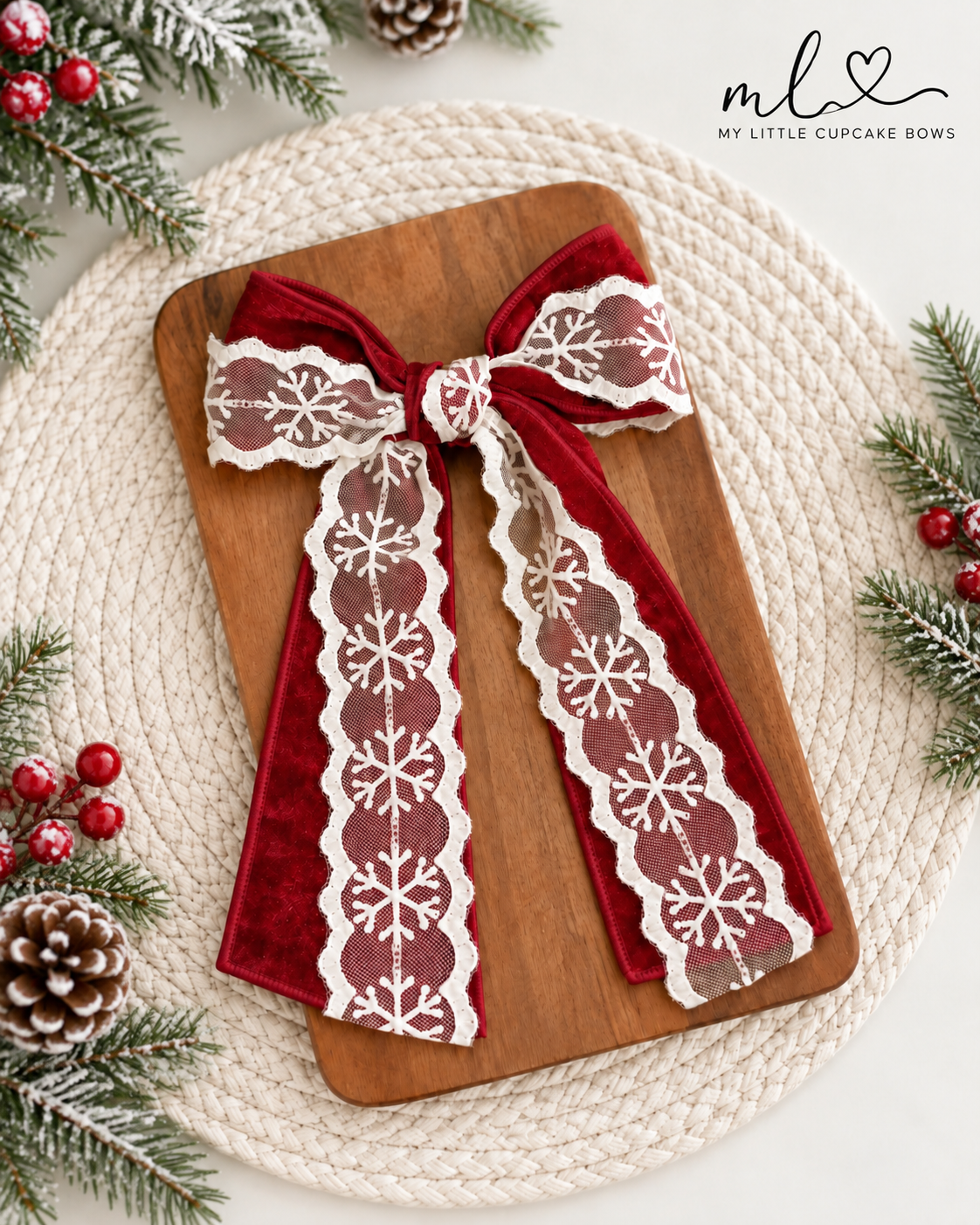 Red Crushed Velvet w Snowflake Lace Long Tail