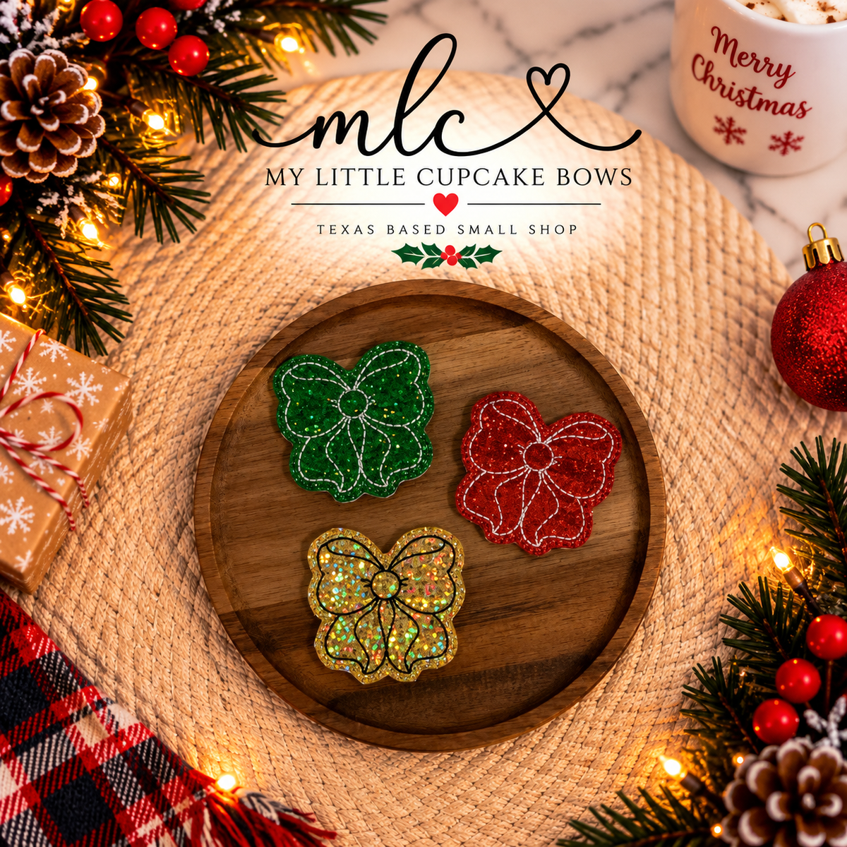 Christmas Holo Glitter Bow Feltie Clips