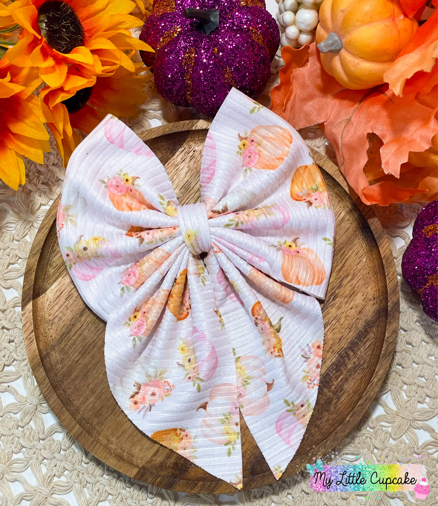 Pink Pumpkin Floral Fabric Bow