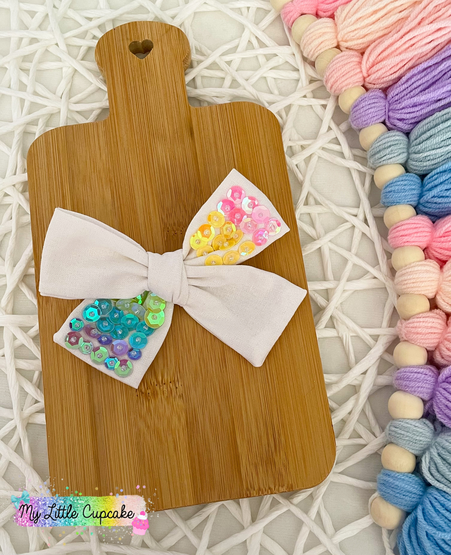 White Linen with Rainbow Sequin Hand Tied