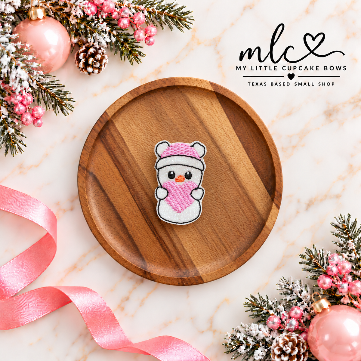 Snowman w Pink Heart Feltie Clip