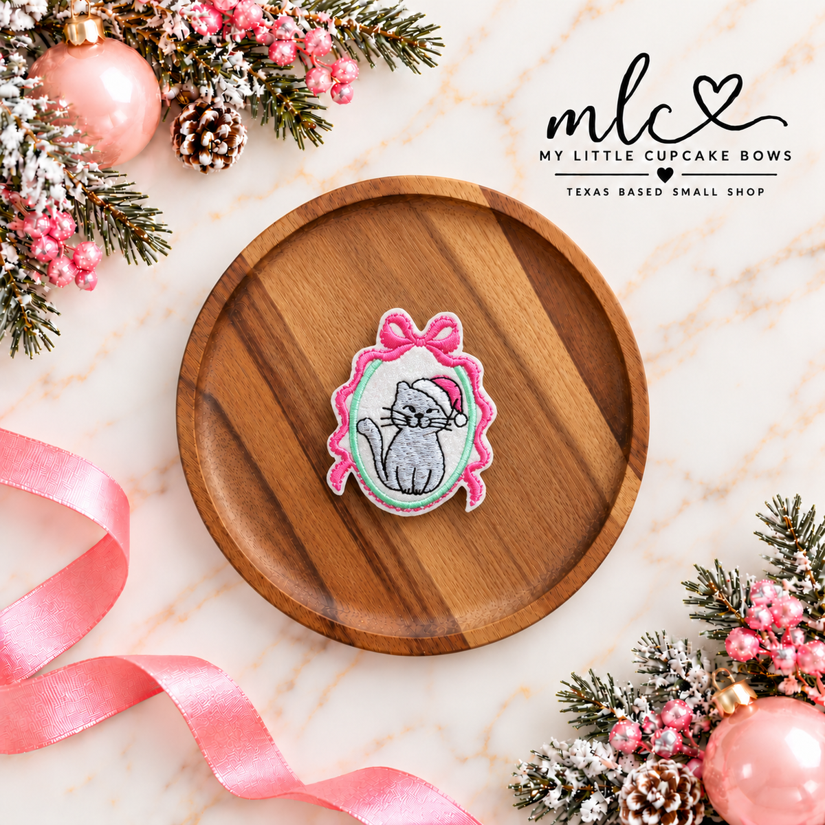 Christmas Kitty Pink Bow Frame Feltie Clip