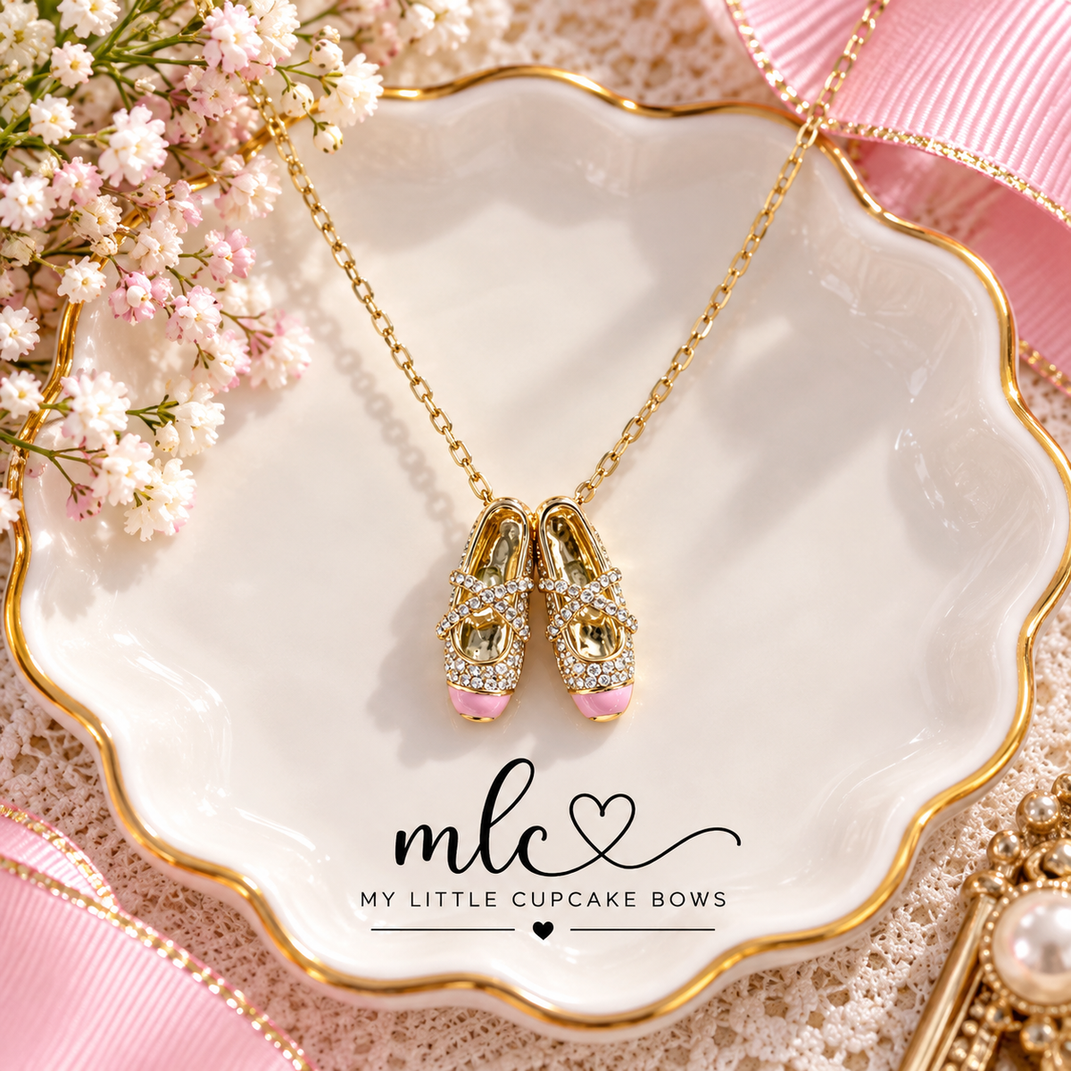 Sparkling Pink Ballet Slippers Necklace