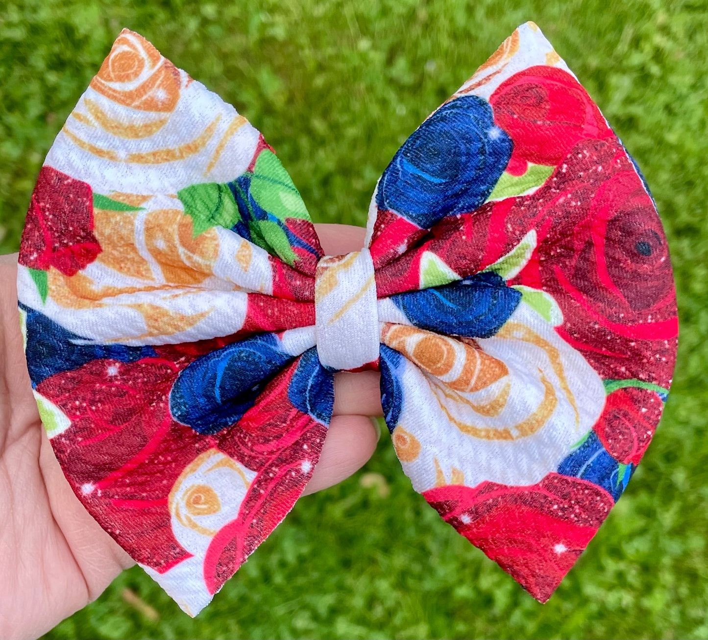 Patriotic Glitter Roses Fabric Bow