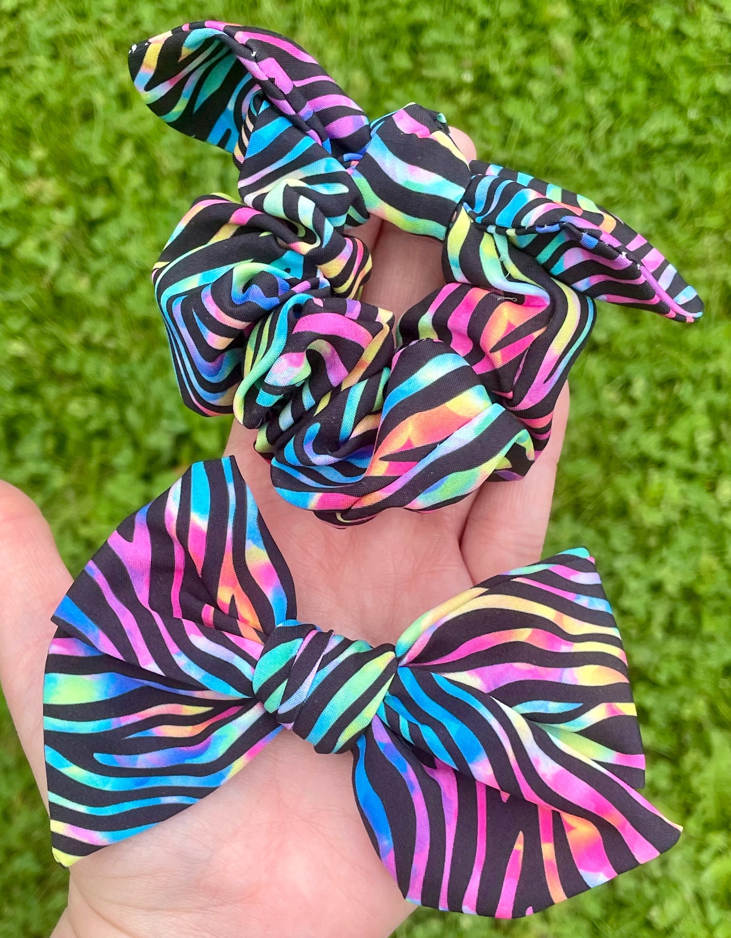 Rainbow Watercolor Zebra 5in Hand Tied Bow or Scrunchie