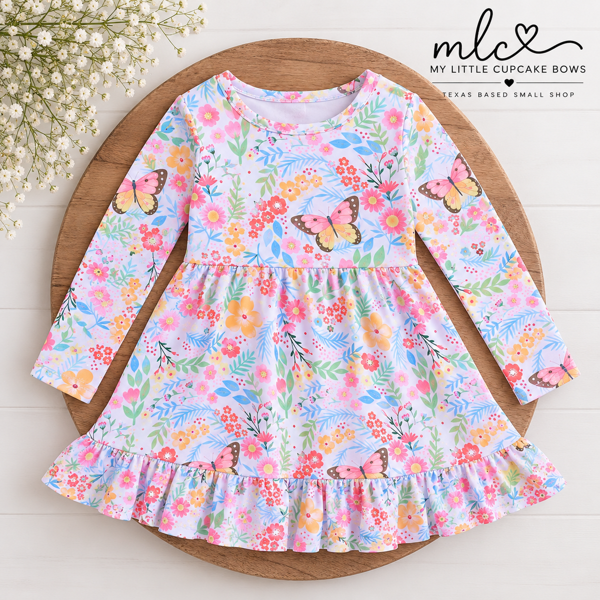 Fall Butterfly Floral Print Girls Ruffle Hem Twirl Dress