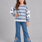 Blue Grey Striped Ruffled Trim Bow Top