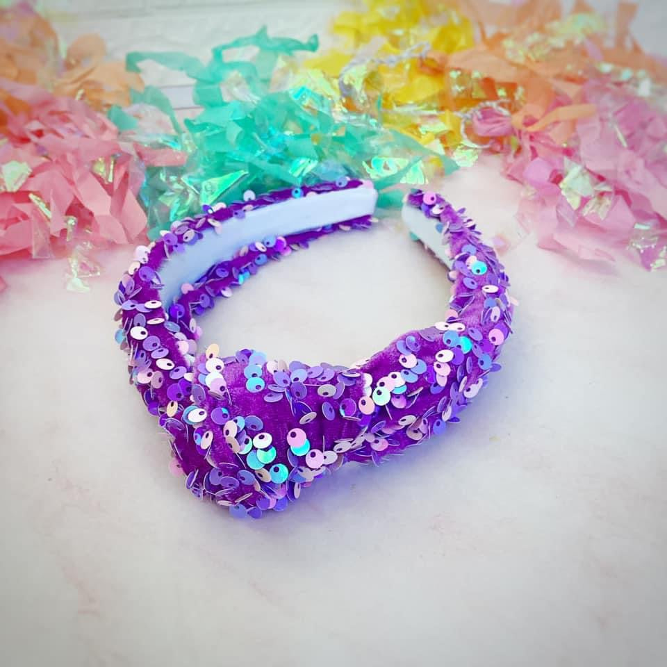 Purple with White Velvet Sequin Knotted Headband