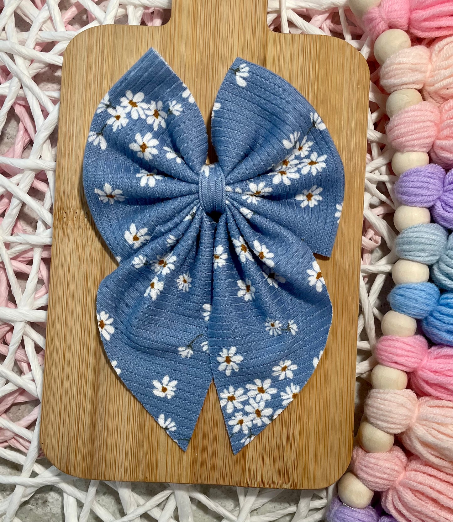 Blue Dainty Daisy Floral Fabric Bow