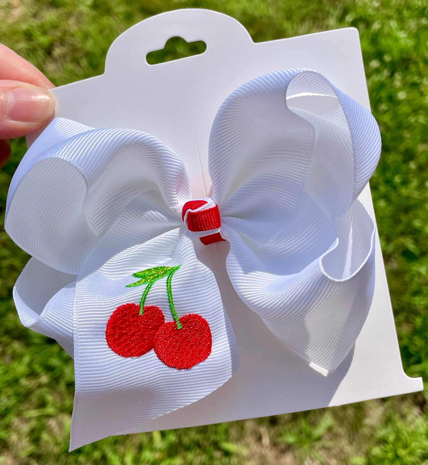 Embroidered Cherry 5in Ribbon Bow