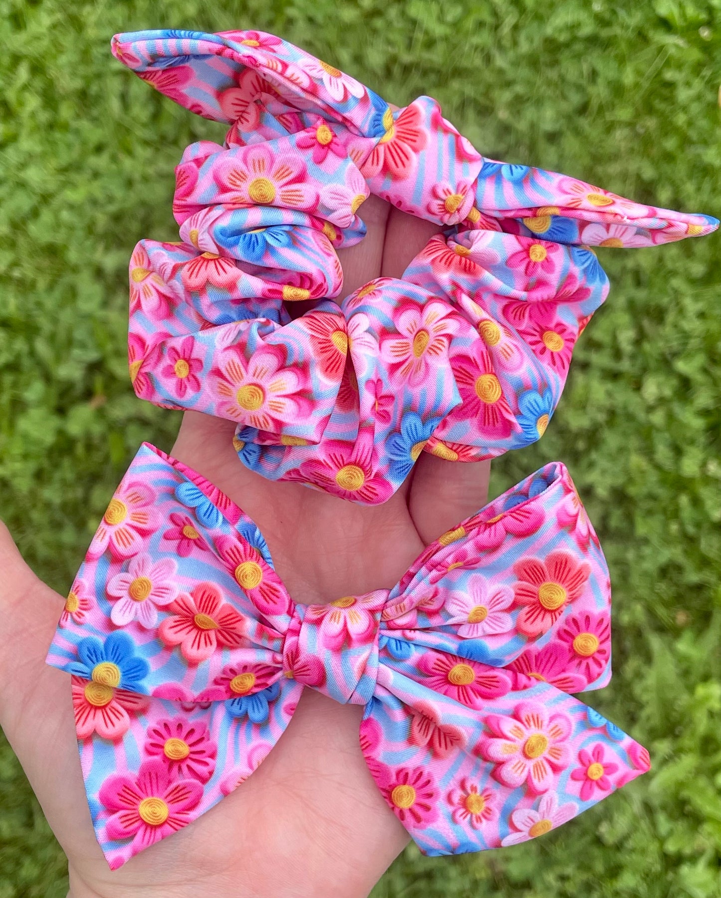 Summer Floral 5in Hand Tied Bow or Scrunchie