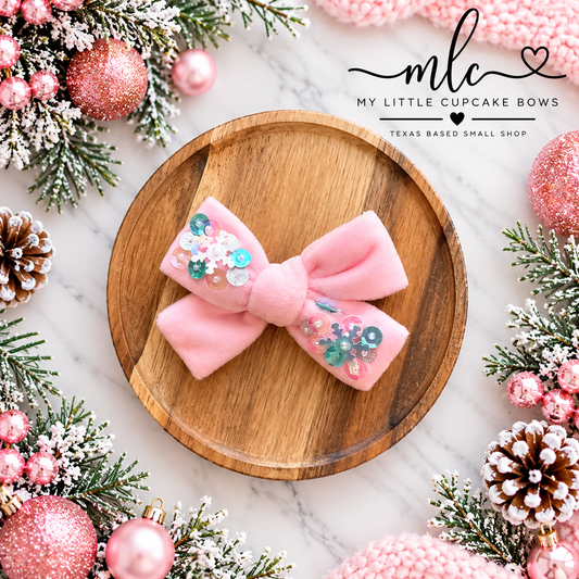 Pink Velvet Snowflake Sequins Hand Tied