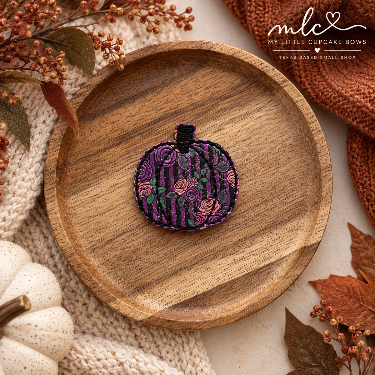 Dark Floral Pumpkin Feltie Clip