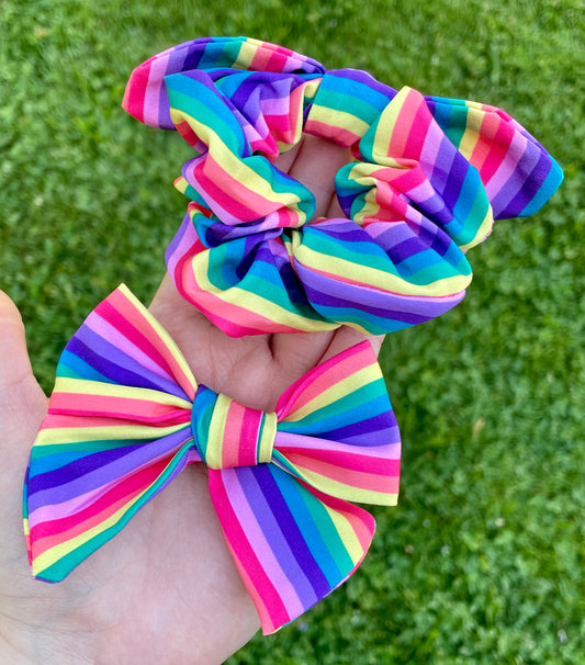 Muted Rainbow Stripes Hand Tied or Scrunchie