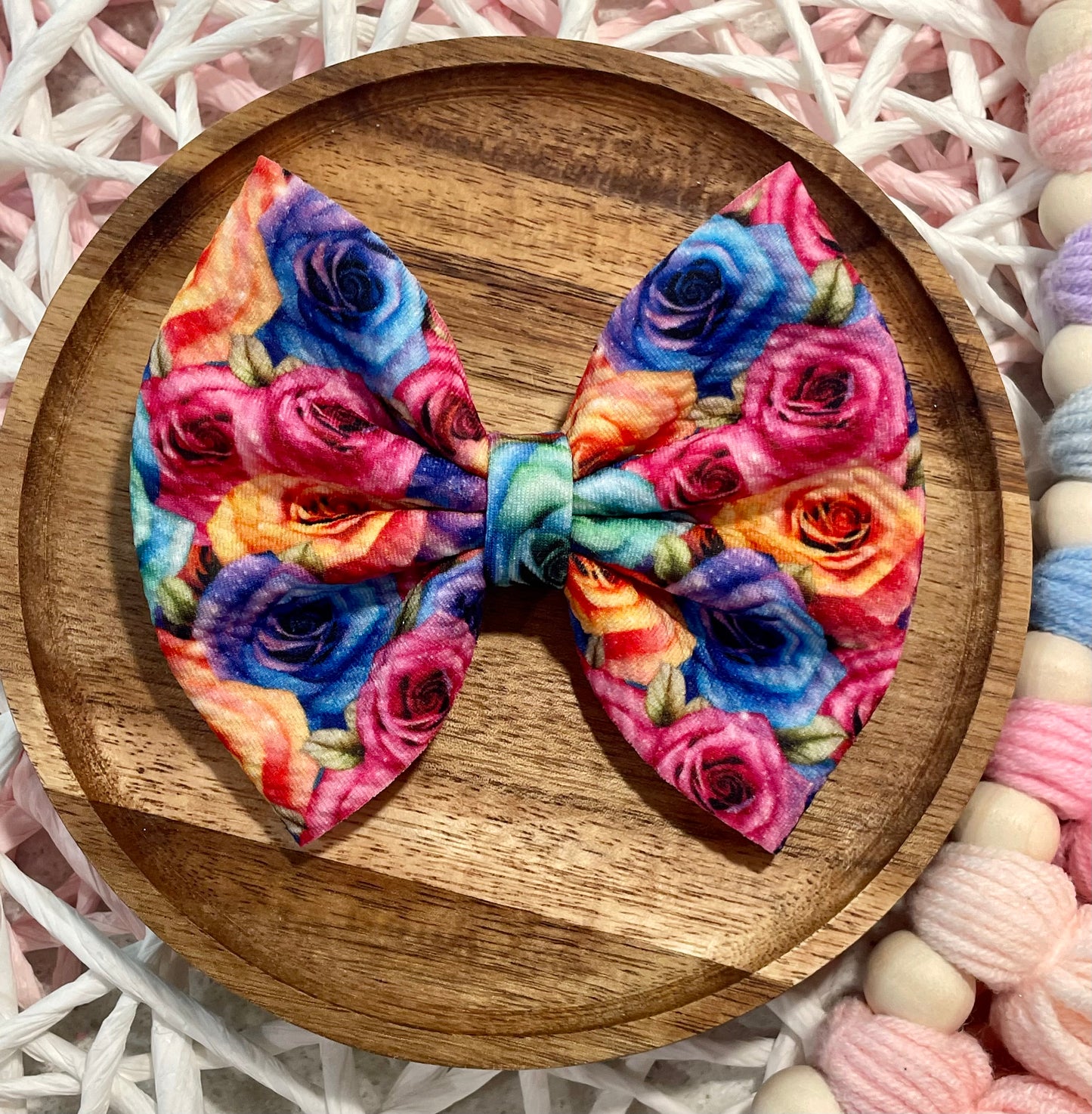 Rainbow Shimmer Roses Fabric Bow
