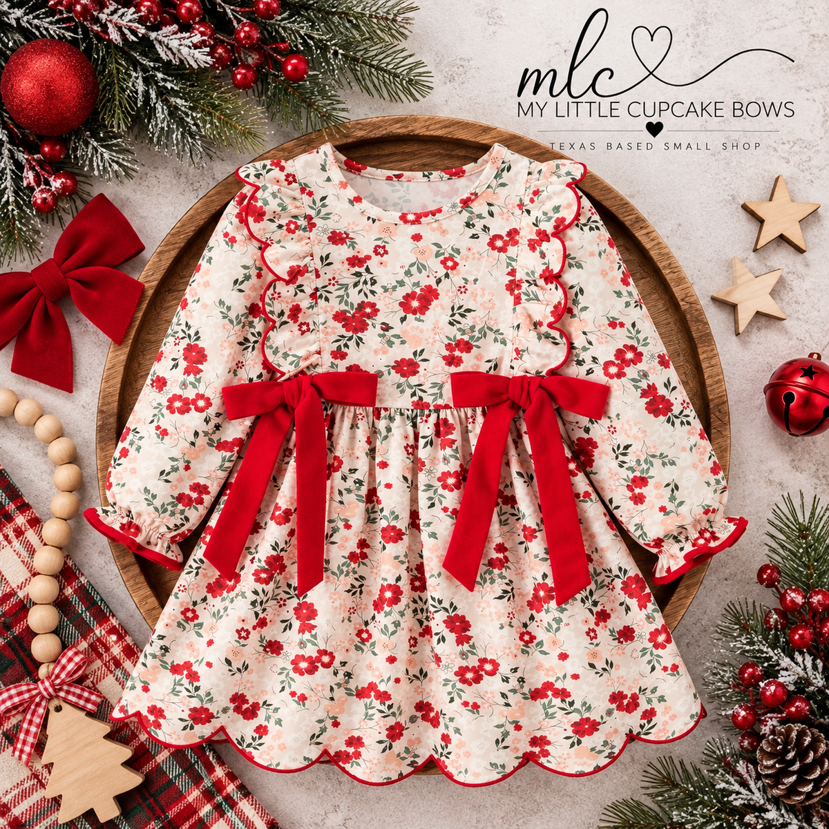 Christmas Floral Bow Twirl Dress