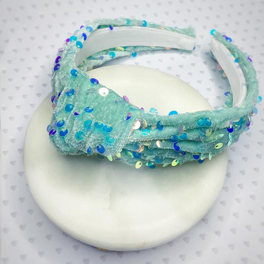 Aqua Velvet Sequin Knotted Headband