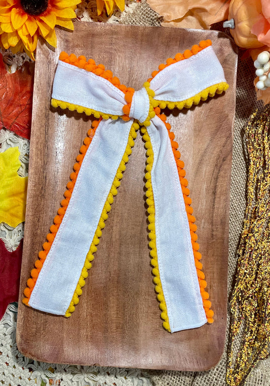 White with Yellow & Orange Pom Edge Linen Long Tail