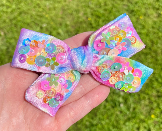 Cotton Candy Velvet Embroidery Hand Tied Bow