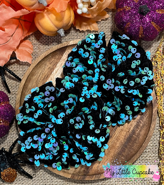 Teal & Black Sequin Velvet Fabric