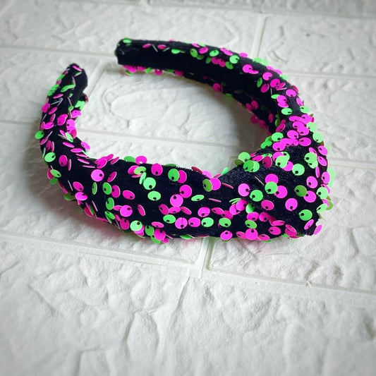 Neon Pink & Green Velvet Sequin Knotted Headband