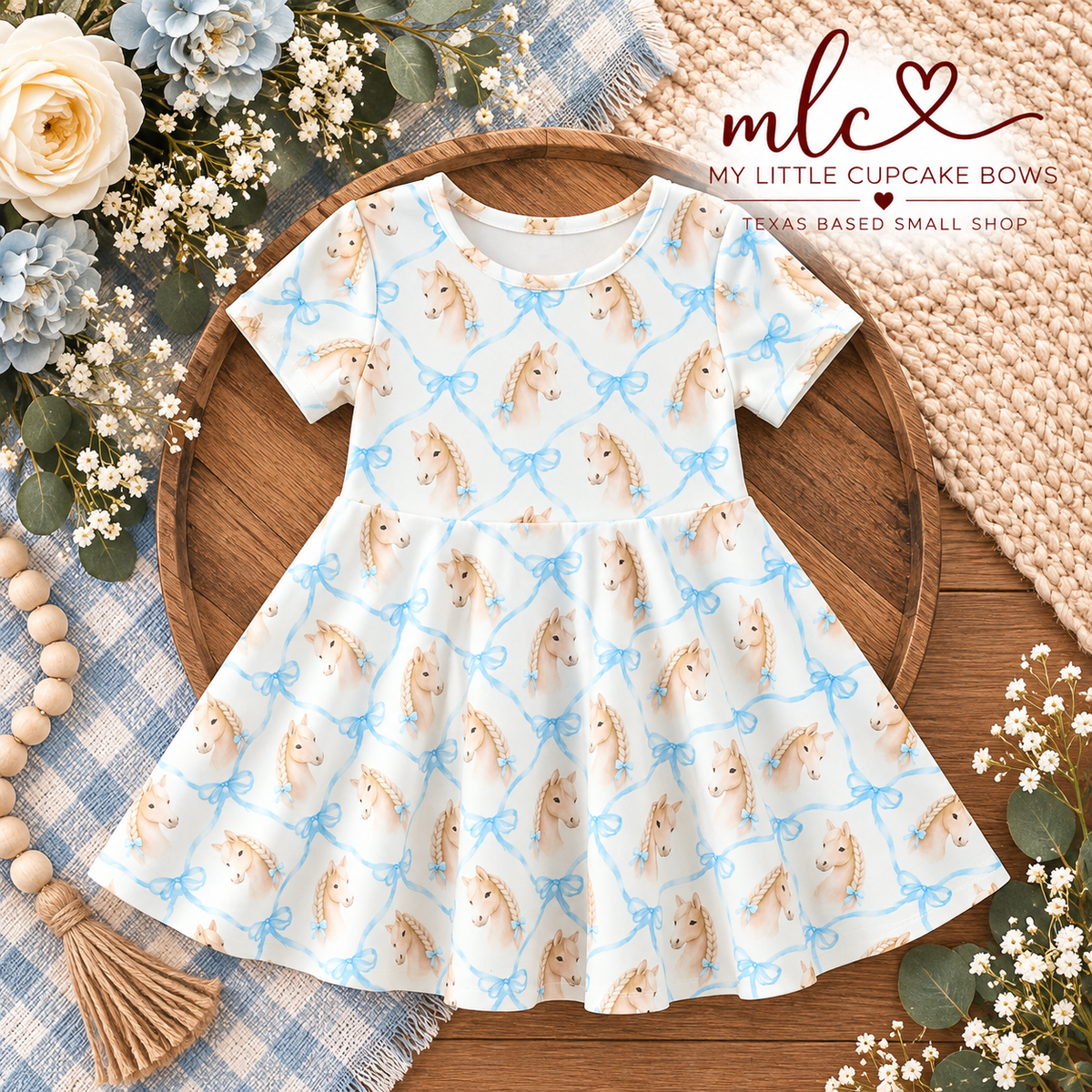 Horses & Blue Bows Twirl Dress