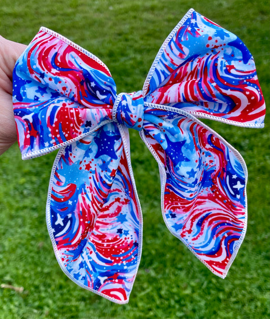 RWB Tie Dye 5-6in Serged Hand Tied Bow