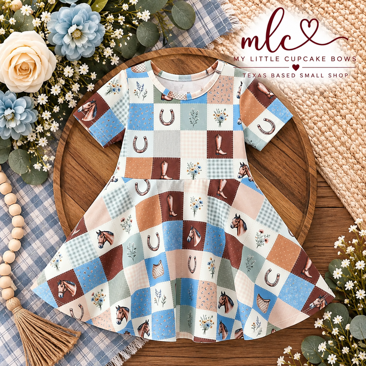 Western Horse Patchwork Twirl Dress