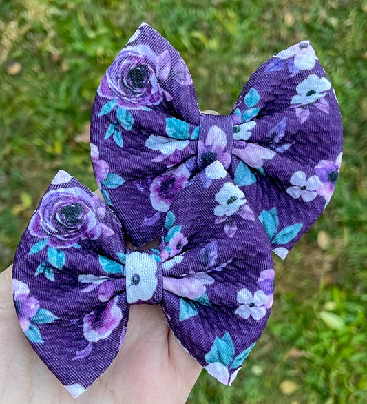 Purple Winter Floral Fabric Bow