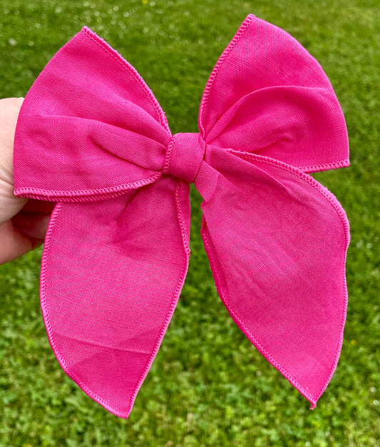 Bright Pink Linen 5-6in Serged Hand Tied Bow