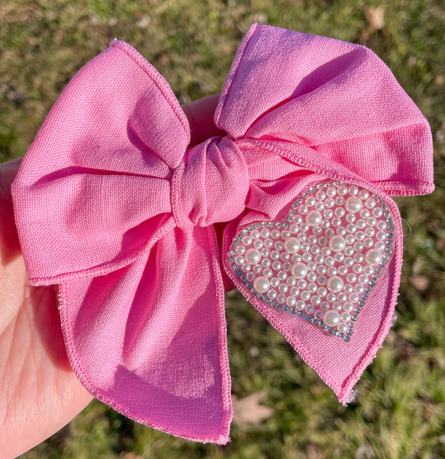 Pink Sequin Heart Serged Hand Tied Bow