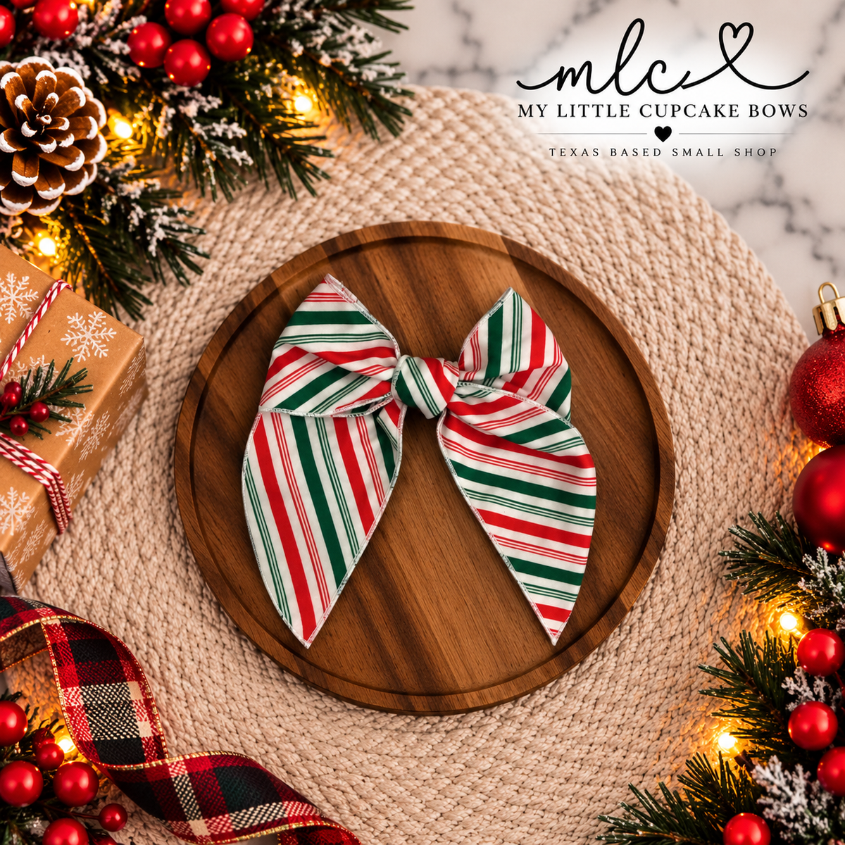 Red & Green Candy Cane Stripes Serged Bow