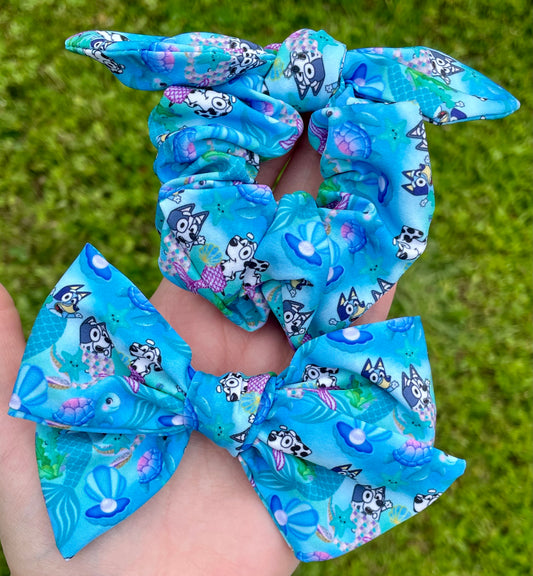 Mermaid Pups 5in Hand Tied Bow or Scrunchie