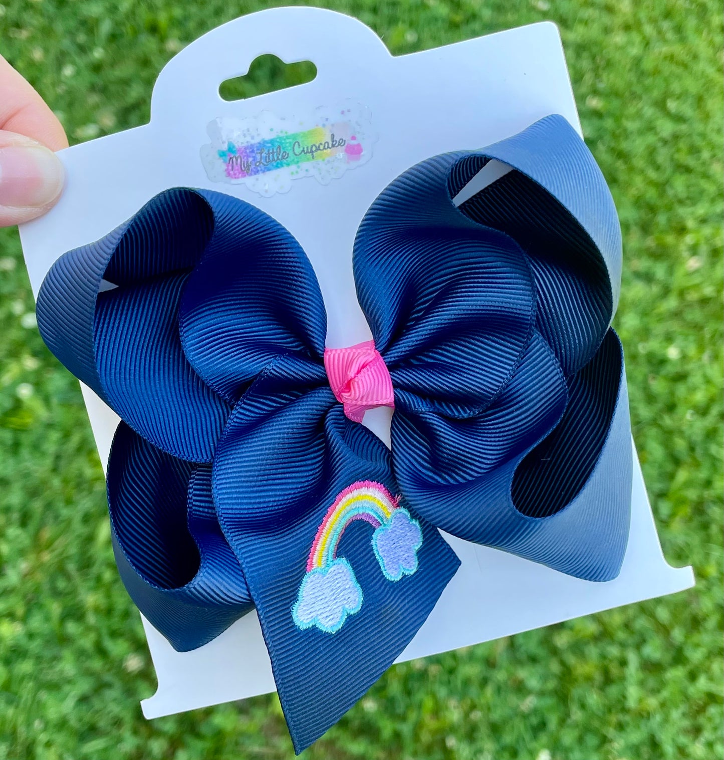 Embroidered Rainbows 4in Navy Ribbon Bow