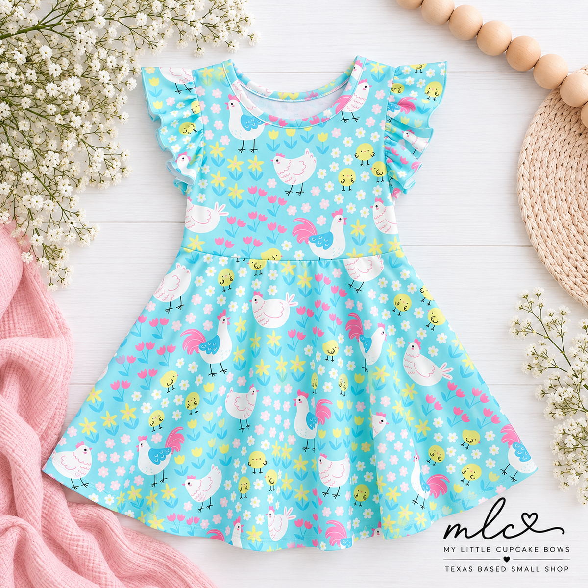 Aqua Spring Chicken Floral Farm Dress