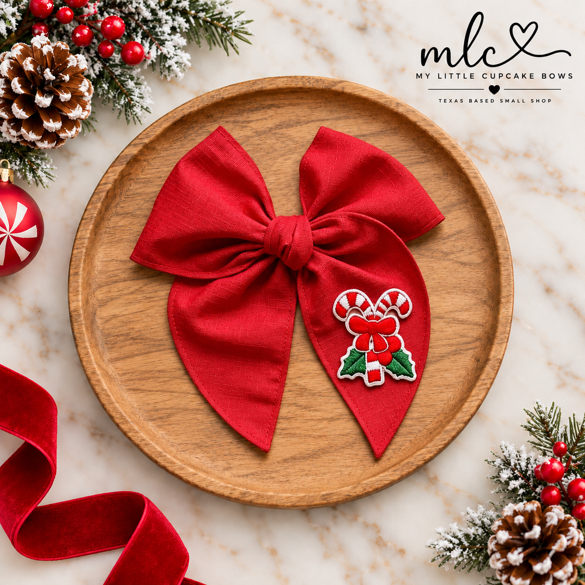 Red Linen Embroidered Candy Cane Serged Bow