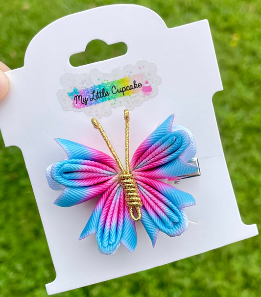 Blue & Pink Butterfly Ribbon Sculpture Clip