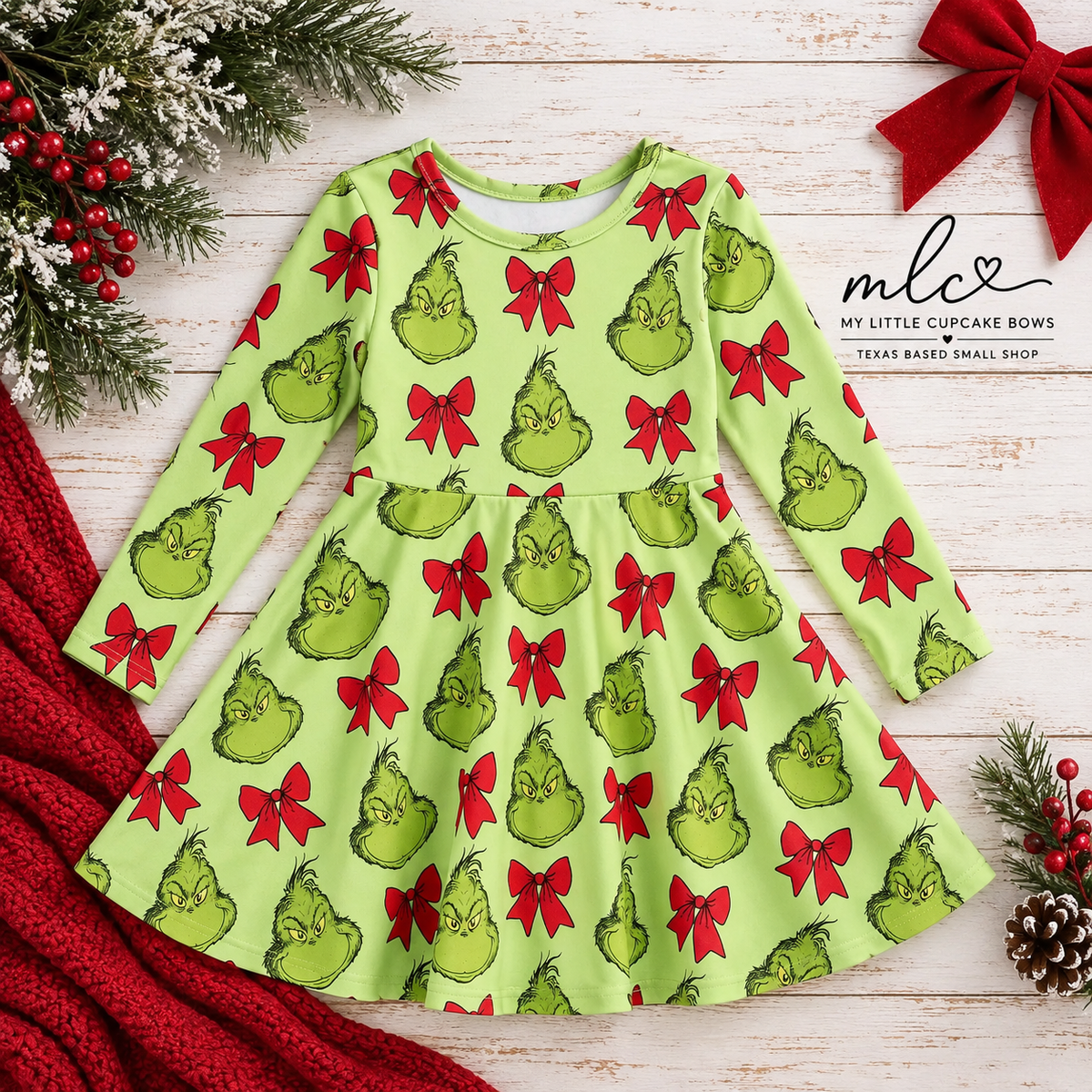 Mean Green Guy with Red Bows Twirl Dress