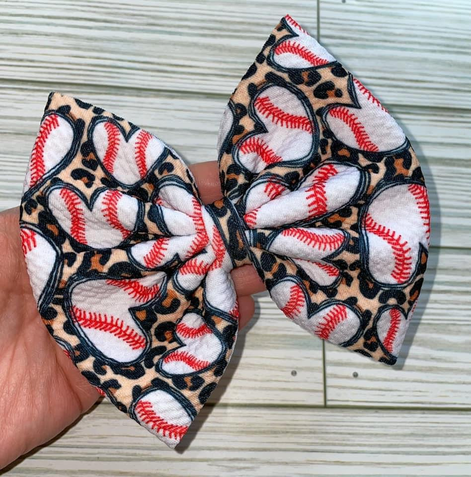 Leopard Heart Baseball Fabric Bow