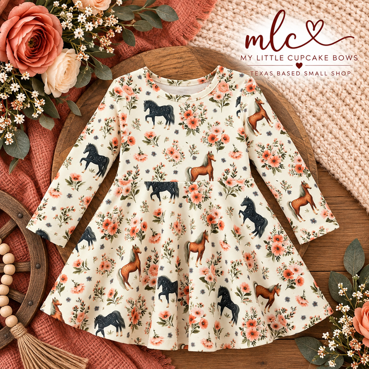 Floral Horse Sleeve Twirl Dress - Ships end of October!