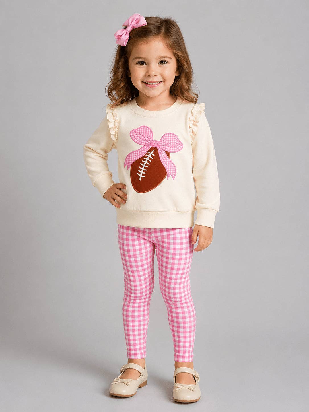 Pink Bow Football Sweatshirt & Gingham Legging Set