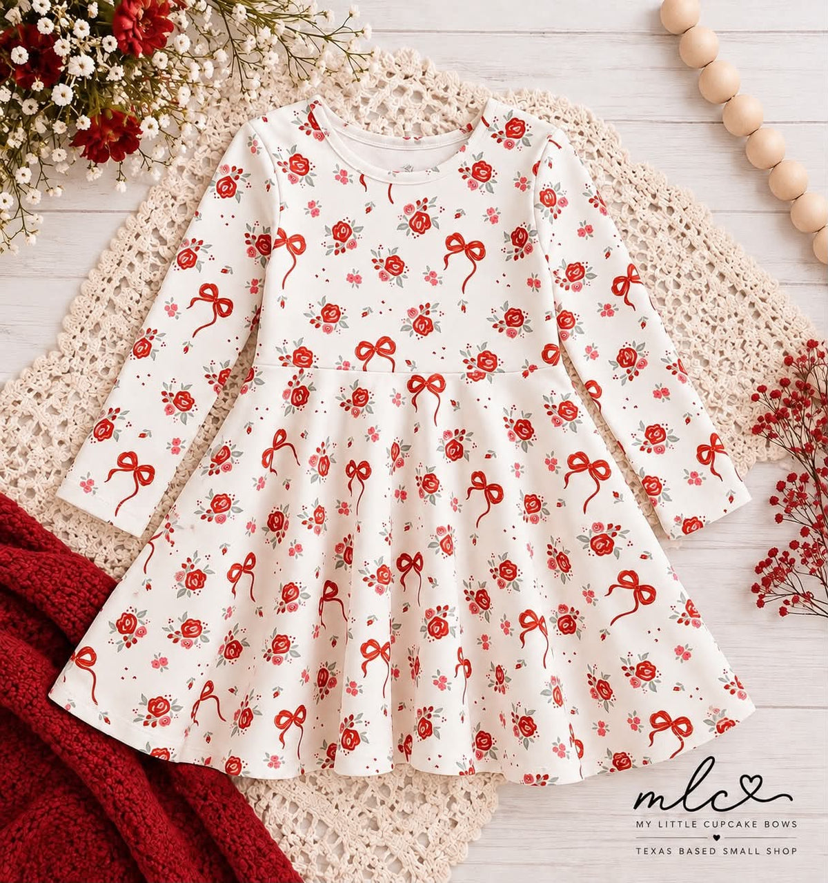 Red Rose & Bow Twirl Dress