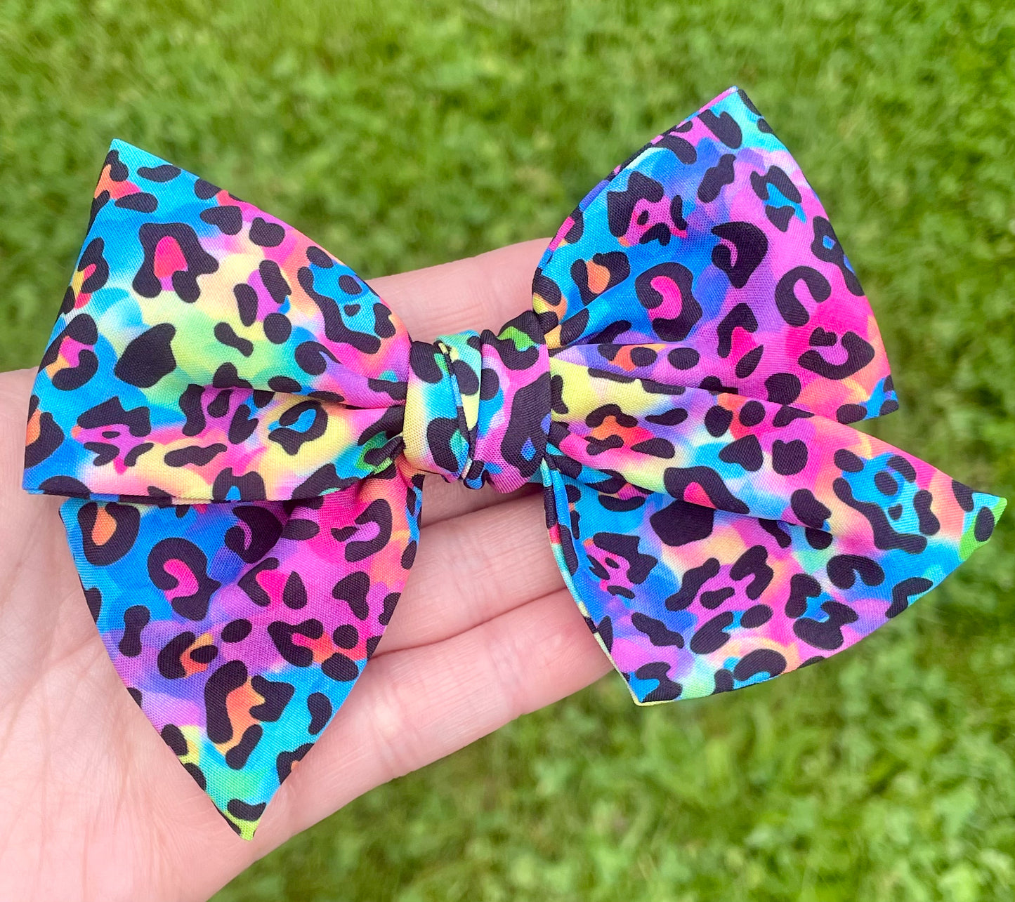 Rainbow Tie Dye Leopard 5in Hand Tied Bow